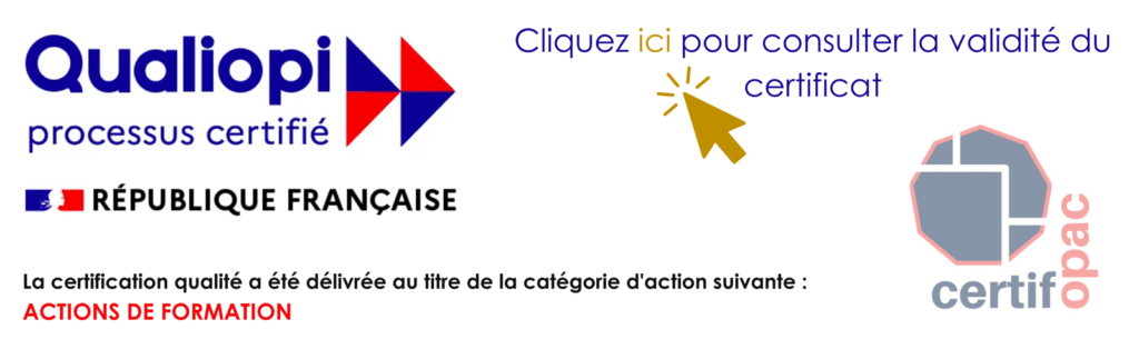 Logo Qualiopi processus certifié, République française, délivré par Certifopac au titre des actions de formation